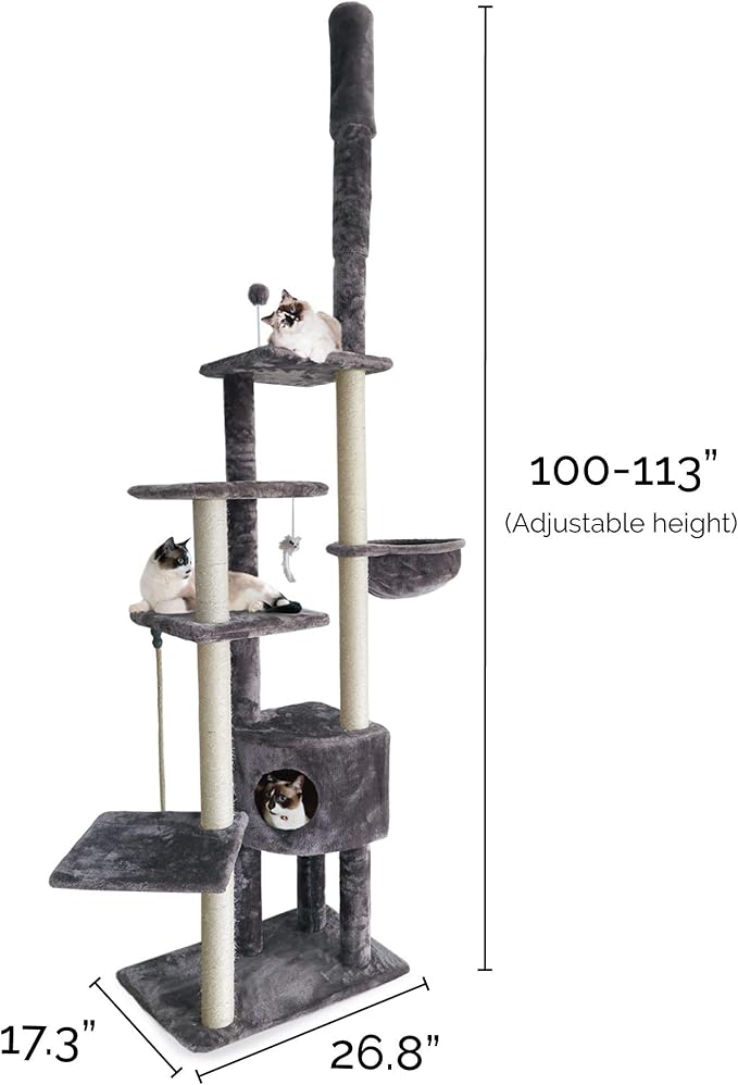 Furhaven 100"-113" Tall Cat Tree for Indoor Cats w/ Adjustable Height, Ft. Sisal Scratching Posts, Condo, & Toys - Tiger Tough Skyscraper Interactive Playground Tower - Gray, One Size