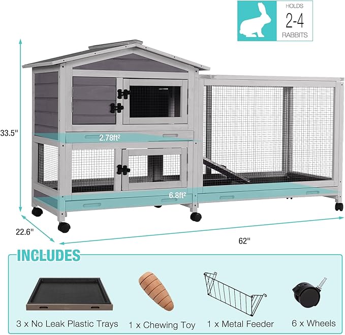 62" Rabbit Hutch with Chew-Proof Ramp & Waterproof Roof - Indoor/Outdoor Bunny Cage, 2-Story Design, 6 Lockable Caster Wheels & Dual Pull-Out Trays (Grey)