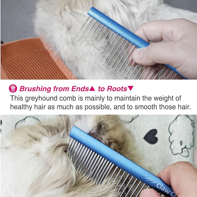 7.5" Greyhound Oval Grooming Comb – Blue Aluminum Spine, Stainless Steel Teeth Comb for Long-Haired Dogs & Cats, Removes Mats, Tangles, and Loose Fur – Lightweight for Long Time Deshedding