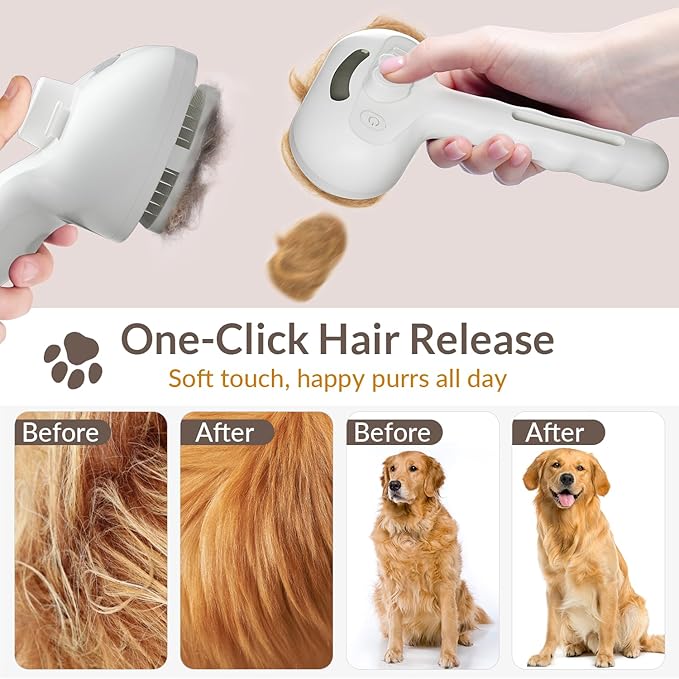 Pet Steam Brush, Self Cleaning Brush with Mist Spray, Deshedding Tool for Dogs & Cats, Pet Hair, Tangle-Free Grooming Brush for Long/Short Haired Pets
