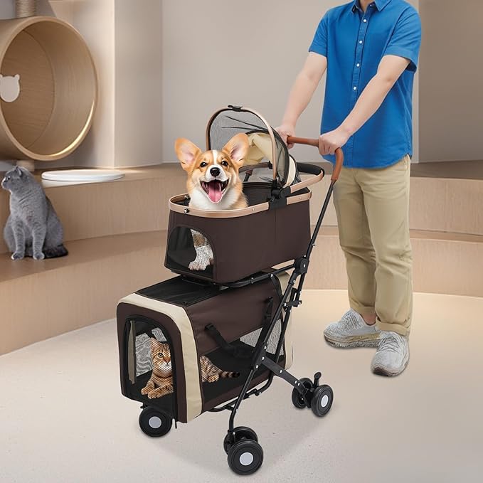 2-Layers Pet Stroller for 2 Cats/Dogs,Foldable Lightweight 77lbs Capacity Carrier, 4 Wheels, Removable Basket & Storage Pocket,for Small Pets (Coffee)