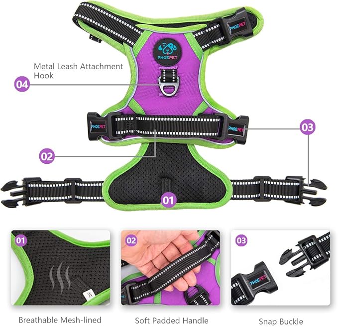 PHOEPET 2019 Upgraded No Pull Dog Harness, Reflective Adjustable Vest, with a Training Handle + 2 Metal Leash Hooks+ 3 Snap Buckles +4 Slide Buckles(L, Purple)