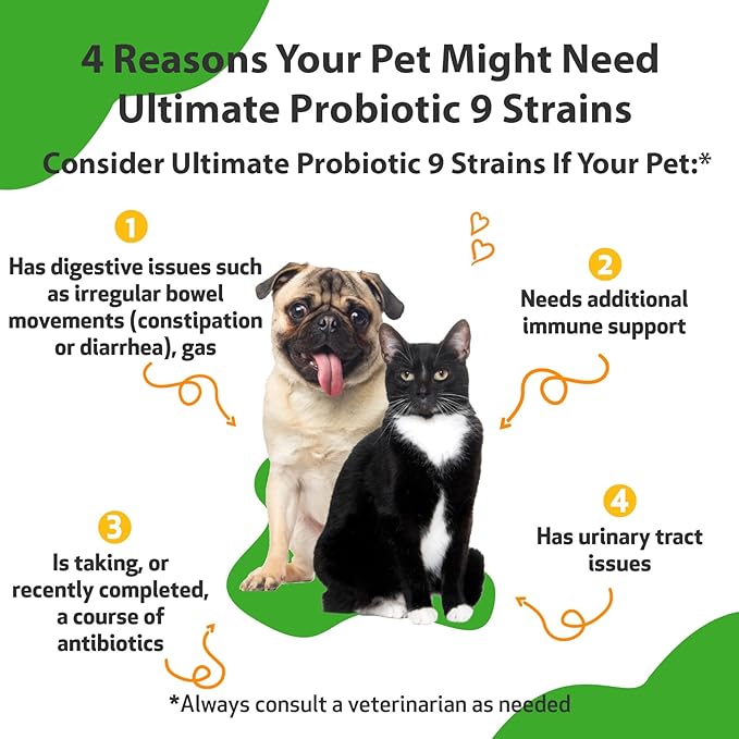 Pet Wellbeing Ultimate Probiotic 9 Strains for Dogs & Cats - Supports The Gut Microbiome and Digestion, Immune System Care, Urinary Tract Health, FOS, 2.5 Billion CFU - 11.29 oz (320 g) Powder