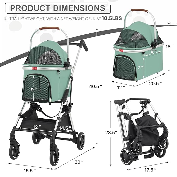 MoNiBloom Pet Stroller for Small/Medium Dogs w/Detachable Carrier & Lightweight Aluminum Frame, Folding Jogging Travel Stroller, Mint Green