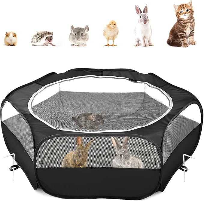 Pawaboo Small Animals Playpen, Waterproof Small Pet Cage Tent with Zippered Cover, Portable Outdoor Yard Fence with 3 Metal Rod for Kitten/Puppy/Guinea Pig/Rabbits/Hamster/Chinchillas, Black