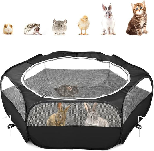 Pawaboo Small Animals Playpen, Waterproof Small Pet Cage Tent with Zippered Cover, Portable Outdoor Yard Fence with 3 Metal Rod for Kitten/Puppy/Guinea Pig/Rabbits/Hamster/Chinchillas, Black