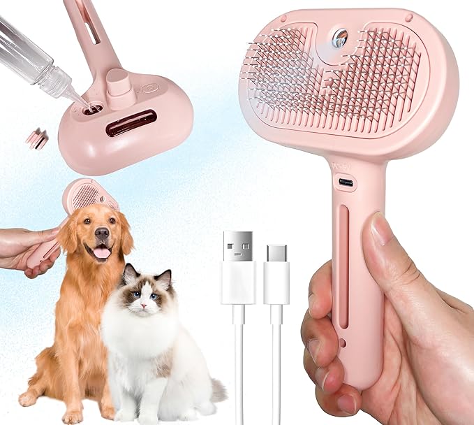 Self-Cleaning Spray Cat Brush for Shedding, Removes Static Flying Hair, and Works Wonders for Both Long and Short-Haired Pets 2 In 1 Cleaning Brush for Cats And Dogs Grooming (pink)