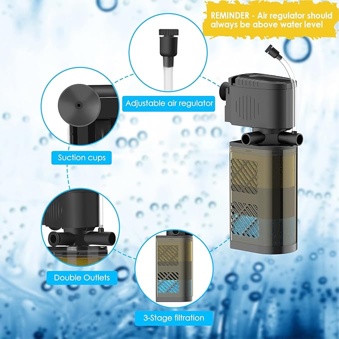 Submersible Aquarium Filter 3-Stage Fish Filter for Fish Tank, Turtle Filter Fish Tank Filter with Aeration & Dual Water Outlet, Turtle Tank Filter Pump for 70-100 GAL Aquariums