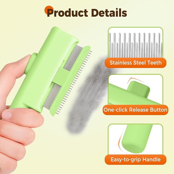 Pet Hair Removal Comb Flea Combs for Cats and Dogs, Pet Flea Comb Grooming Brush with One-Click Release Button, Dog Cat Deshedding Brush for Short & Long Hair (Blue & Green)