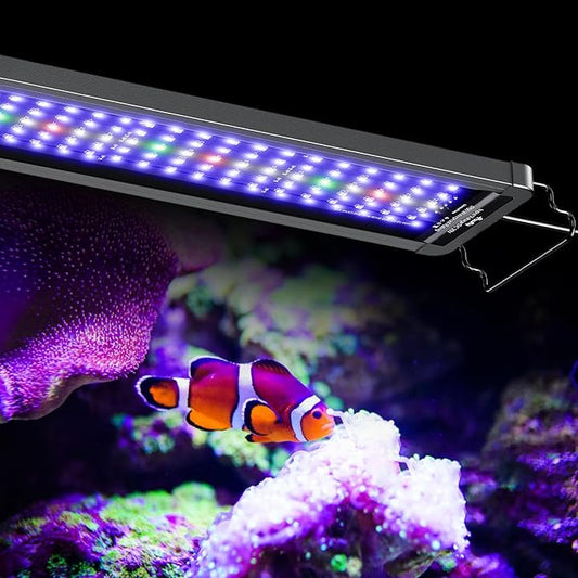 Pawfly 48W Saltwater Aquarium Light for 48" to 54" Fish Tanks Dimmable LED Reef Light for Coral Extendable Marine Fish Tank Light with Full Spectrum D/N Mode Timer Auto On/Off Adjustable Brightness