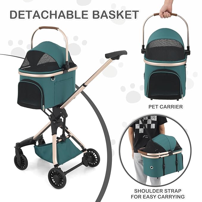 MoNiBloom 3 in 1 Pet Stroller with Adjustable Handle, Jogging Stroller w/Detachable Carrier & Lightweight Aluminum Frame for Dogs Cats, Hunter Green