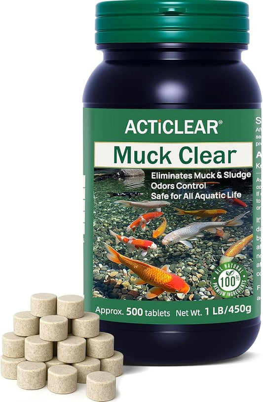 Muck Clear – Natural Pond Sludge Treatment, 500 Tablets for Ponds, Fountains & Bird Baths, Beneficial Bacteria & Enzymes, Chemical-Free & Safe for Fish, Pets & Wildlife