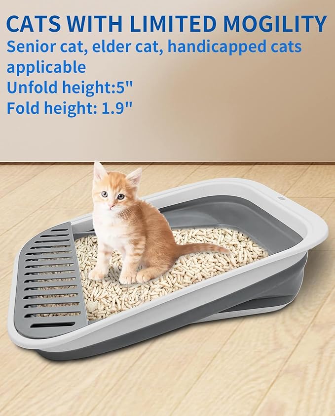 BNOSDM Collapsible Small Cat Litter Box for Kittens Open Potty Pan Foldable Cat Toilet with Scoop Senior Kitty Travel Shallow Litters Boxes Anti-Splash Waterproof Grey 17.7"×13.4"