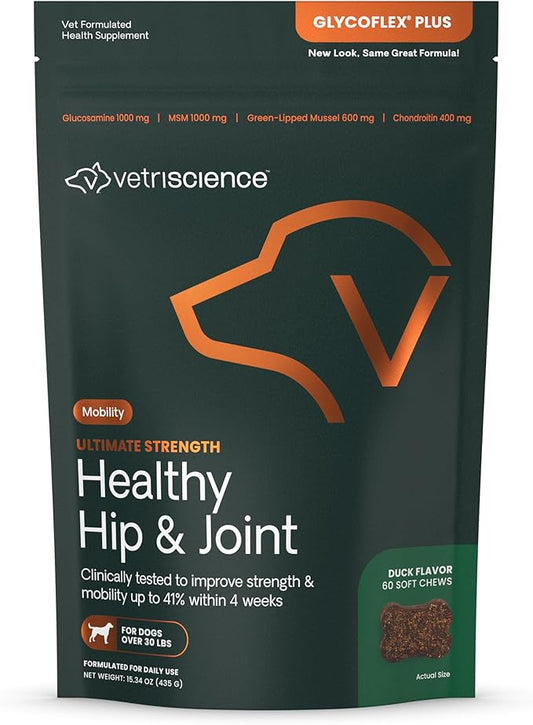 VetriScience Ultimate Strength Healthy Hip & Joint Chews, GlycoFlex Glucosamine, Chondroitin and Green-Lipped Mussel Joint Support Supplement for Dogs, Soothe Joint Discomfort, Duck, 60 Count