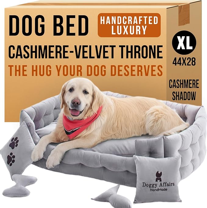 Luxury Dog Bed Chesterfield – Handcrafted Velvet Throne for Dogs | Joint Support, Calming & Temp-Regulating Comfort | Durable 5+ Years, Anti-Claw, Washable 100+ Times – XL, Grey