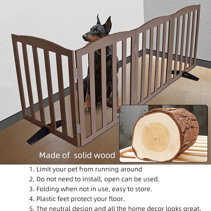 ZJSF Foldable Freestanding Indoor Dog Gate for House Wood Long Pet Gates Dog Fence for Stairs Puppy Gates for Hallways, Puppy Gate,Support Feet Included, Brown, 32 "Height-3 Panels