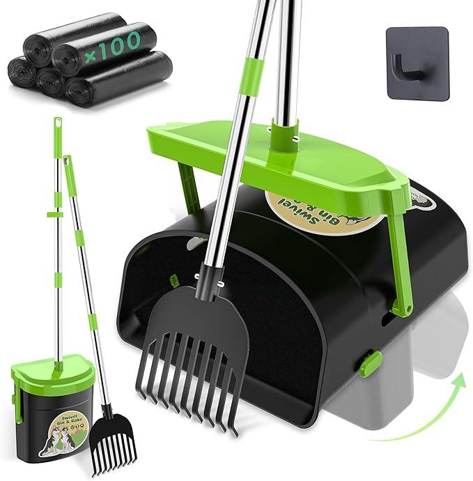 UPSKY Dog Pooper Scooper Swivel Bin & Rake Kit with 100 Waste Bags,33.4" Stainless Steel Long Handle Heavy Duty Pet Poop Shovel for Large Medium Small Dogs, Odor-Proof Lid for Yard/Lawn/Outdoor Use