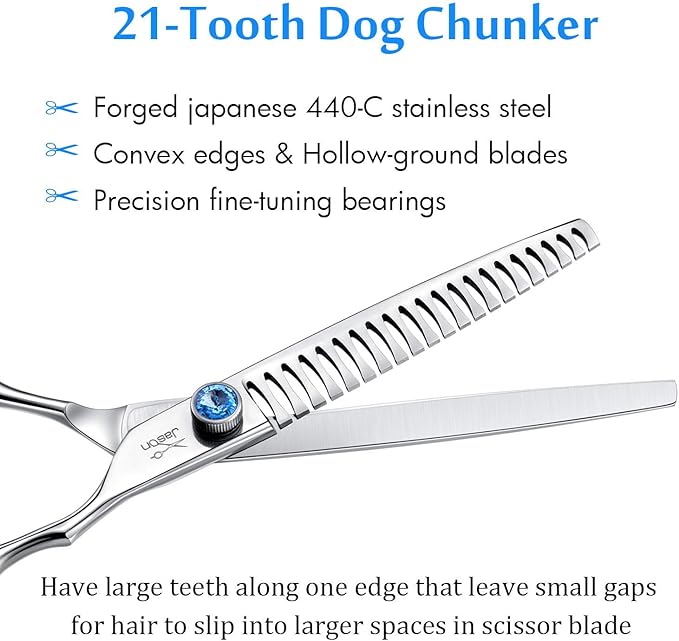 JASON 7 Inch 21-Teeth Chunkers Shears for Dogs, Ergonomic Cats Grooming Texturizing Blending Thinning Shears Pets Trimming Kit with Offset Handle, Sharp, Comfortable Shear