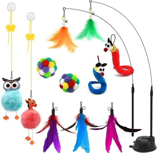 4-in-1 Interactive Cat Toys Set with Suction Cup Wand, Hanging Cat Toys, Fishing Pole Cat Wand & Kitten Balls- Includes Variety Replaceable Worms, Feathers for Indoor Bored Cats for Exercise