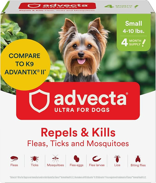 Ultra Flea And Tick Prevention For Dogs - Dog and Puppy Treatment and Control - Mosquito Repellent - Small, Fast Acting Waterproof Topical Drops, 4 Month Supply