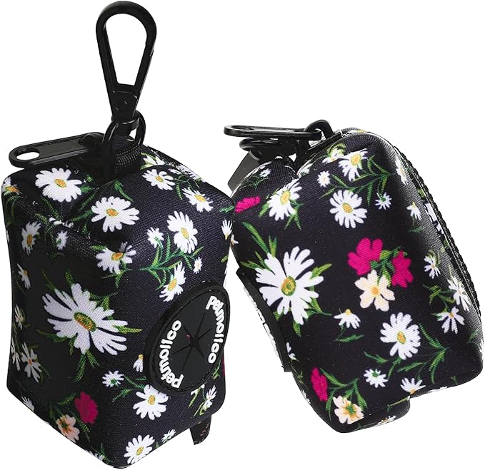 Petmolico Dog Poop Bag Holder Leash Attachment, Dog Waste Bag Dispenser Zippered Pouch, Fits Any Dog Leash, Includes Free Roll of Dog Bags, Poop Bag Dispenser - 2 Packs (White Daisy)