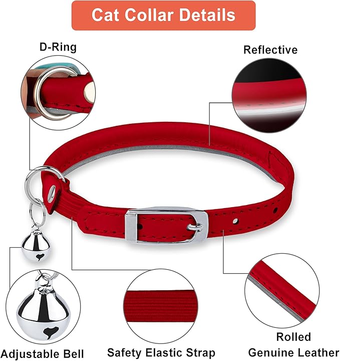 OOPSDOGGY Rolled Leather Cat Collar with Bell, Reflective Kitten Collars with Buckle Include Safety Elastic Strap - Adjustable Small Pet Collars for Boy Girl Cats (Red)