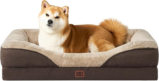 EHEYCIGA Memory Foam Dog Bed for Medium Size, Orthopedic Dog Sofa with Sides and Waterproof Liner, Washable Bolster Pet Couch with Removable Cover, 35x22x6.5 Inch, Brown