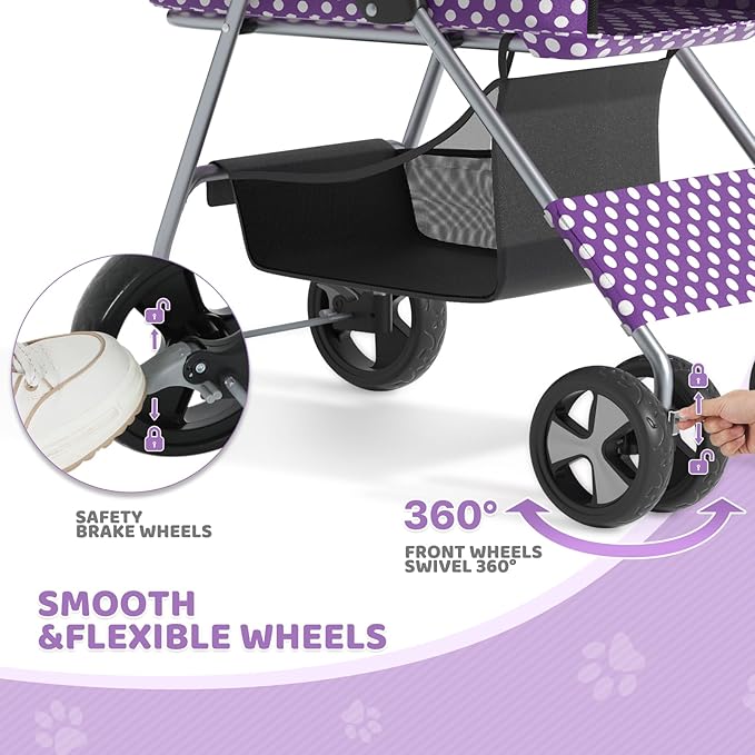 Magshion Foldable Pet Stroller, 3-in-1 Dog Travel Jogger with Detachable Carrier, Cup Holder, Storage Basket, Folding Carrier for Small/Medium Dogs & Cats Up to 33 lbs, Purple Polka Dots