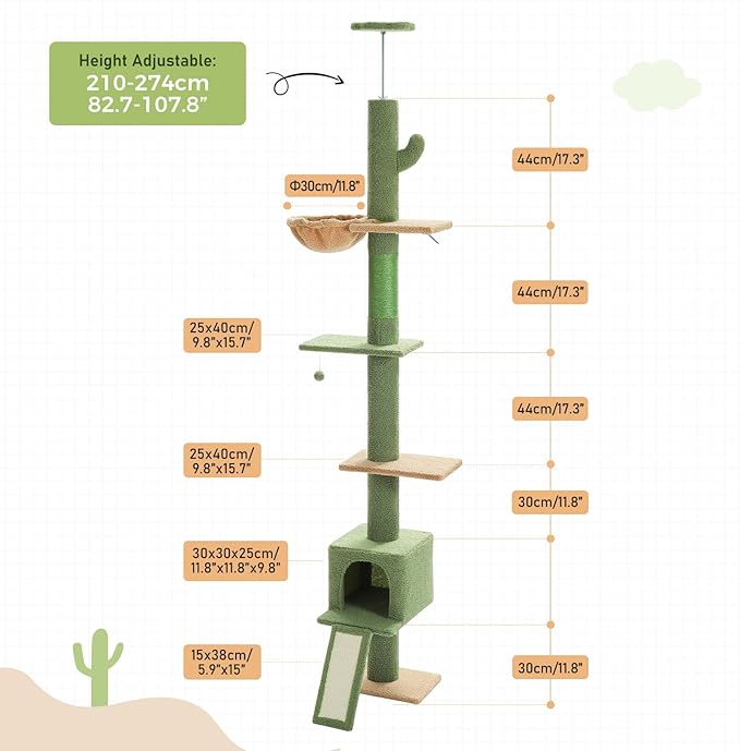 PEQULTI Floor to Ceiling Cat Tree, Tall Cat Tower, Adjustable Height (83''-108'') 5 Levels Climbing Tree for Indoor Cats with Cat Condo, Cozy Hammock and Scratching Post, Green