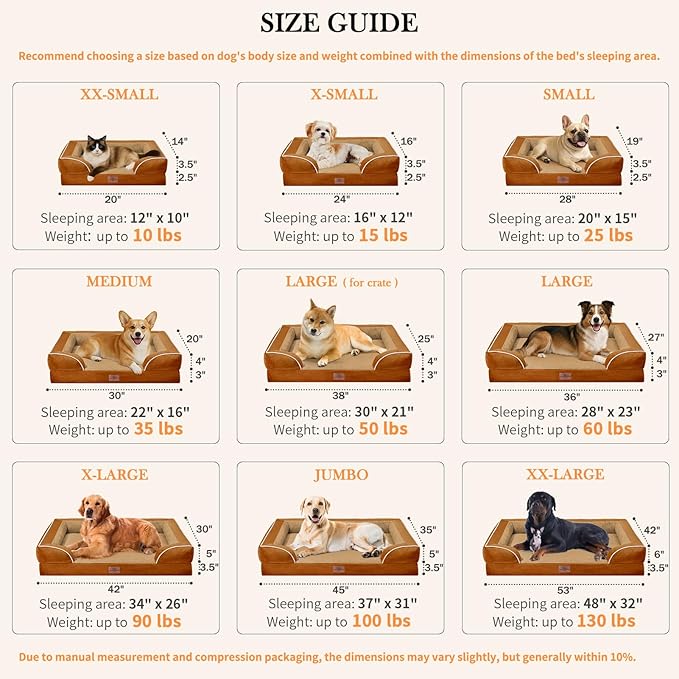 Comfort Expression Small Dog Beds Waterproof Orthopedic Foam Dog Sofa Beds for Small Dogs Comfy Pet Bed with Washable Removable Cover & Non-Slip Bottom(X-Small,Caramel)