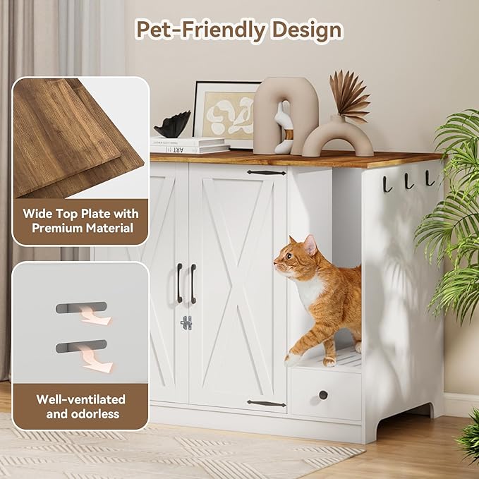 YUSING Litter Robot Enclosure, Cat Litter Box Furniture Hidden, Cat Litter Box Enclosure Cabinet Large with Double Doors and Pull-Out Drawer for Litter Robot