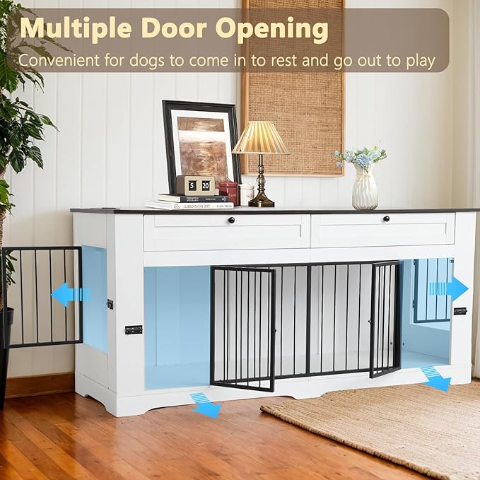 Large Dog Crate Furniture-Decorative Heavy Duty Dog Cage Indoor, Wooden Dog Cage End Table with Charging Station, Dog House with 2 Drawers (White, 70.86''L)
