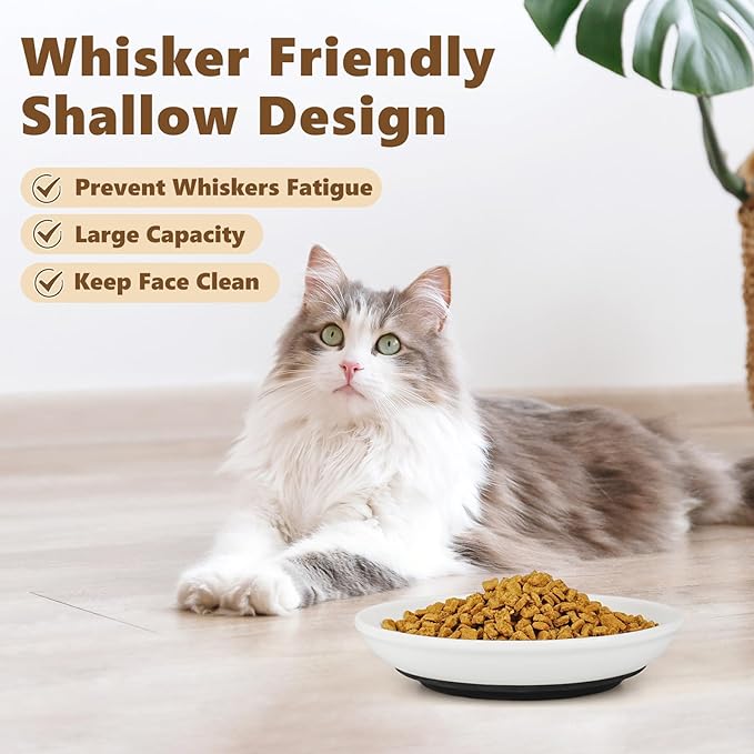 Ceramic Cat Food Bowls - 4 Pack Shallow Plates for Wet Food, Whisker-Friendly Feeding Dish with Non-Slip Silicone Base, Microwave & Dishwasher Safe for Indoor Cats & Kittens