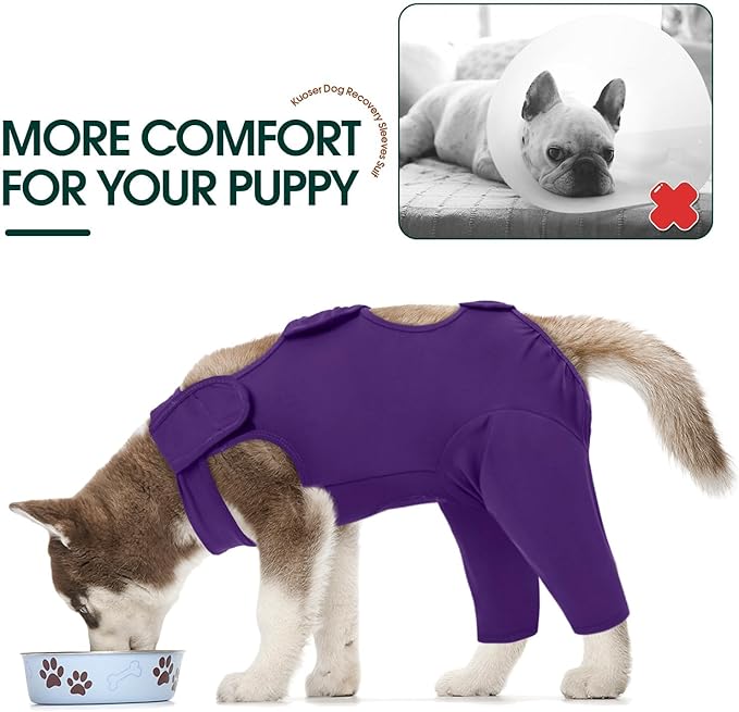 Kuoser Thigh Wound Protective Sleeve for Dogs, Dog Surgery Recovery Suit for Rear Legs, Dog Recovery Sleeve for Female Male Dogs, Dog Onesie After Surgery Pet Surgical Suit for Spay Neuter, Purple XS