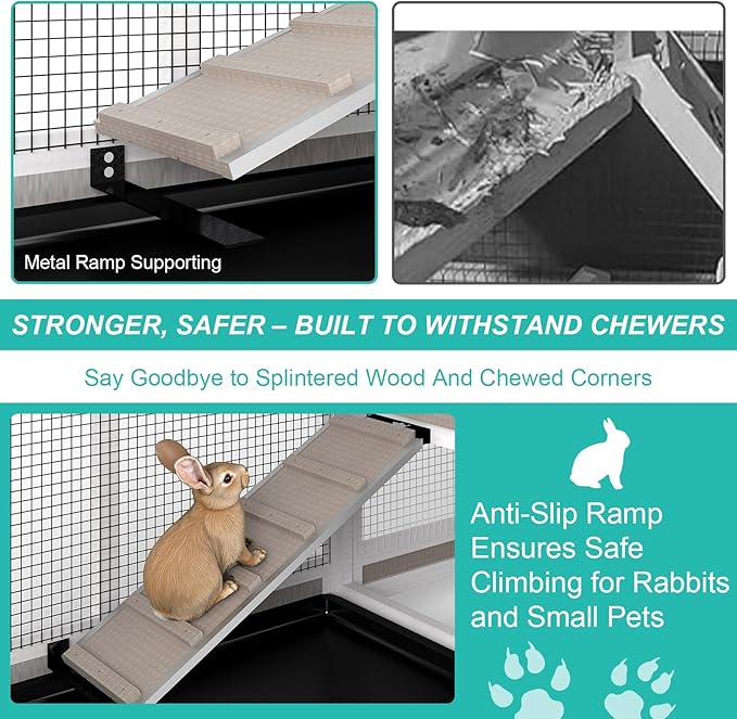 2-Tier Rabbit Hutch with Wheels, Indoor & Outdoor Small Animal Cage with Deep Pull-Out Tray, Anti-Chew Frame, Habitat for Bunny, Guinea Pig, Chinchilla (60" L x 19" W x 35" H)