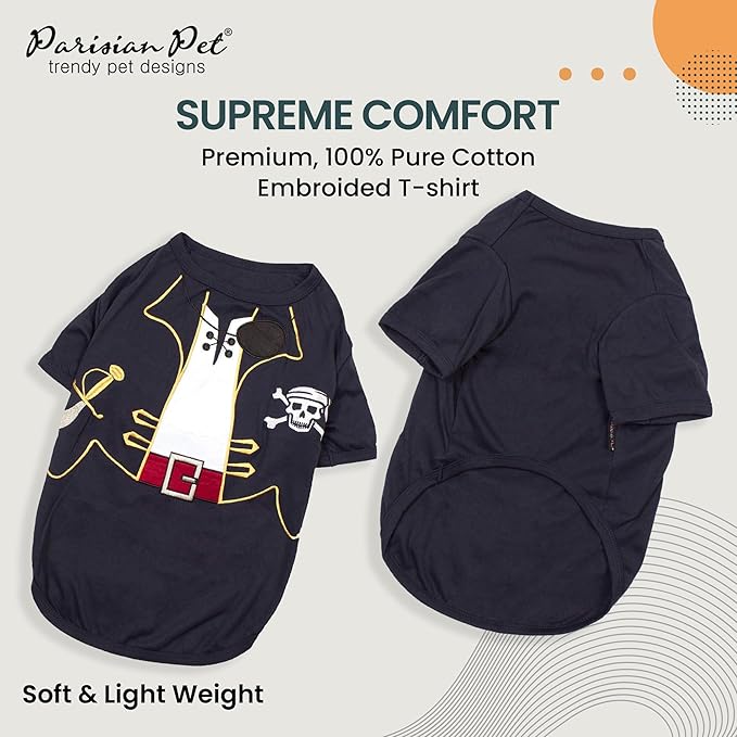 Parisian Pet Captain Sparrow Dog Pirate Shirt - Embroidered Pirate Captain Costume - 100% Cotton & Polyester - Sleeved Pet Clothes - Black Dog Shirts, 2XL Pet Costume