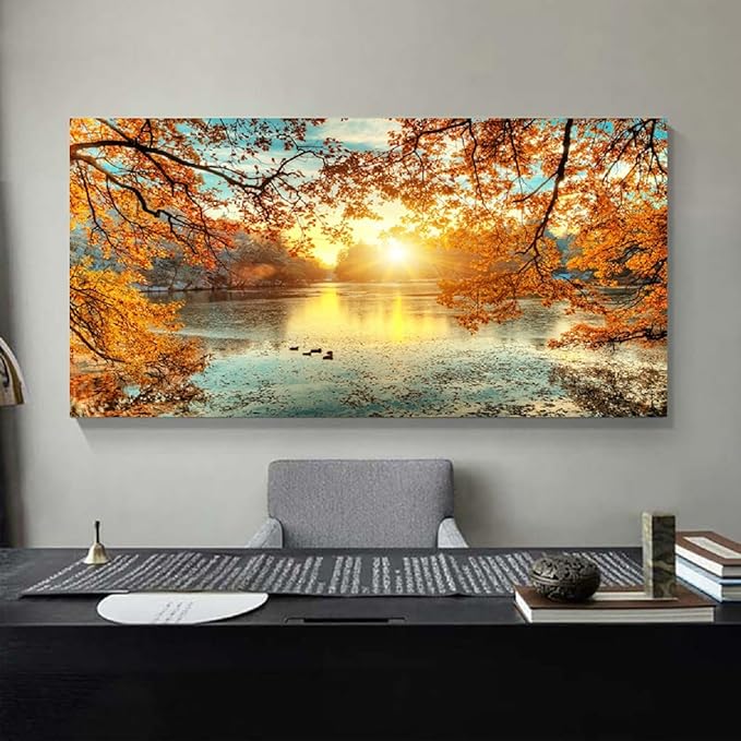 Yxbhhym-Landscape Tree Canvas Wall Art Fall Forest Sunset Wall Decor Poster Lake Water Pictures for bedroom wall decor Natural Scenery Paintings Artwork Large Living Room Decor Home Office Decoration