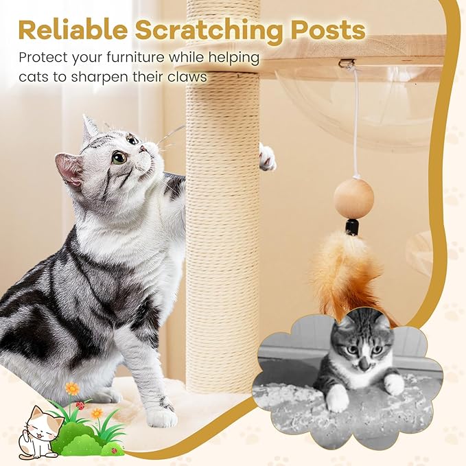 PETSITE 57 Inches Tall Wooden Cat Tree, Multi-Level Cat Tower with Scratching Posts, Space Capsule Bed, Padded Platform and Hanging Ball, Modern Transformable Cat Tree Tower for Indoor Cats Large