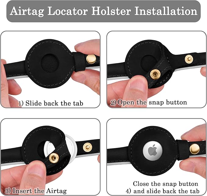 OOPSDOGGY Rolled Leather Dog Collar with Airtag Holder - Reflective Round Airtag Dog Collar - Soft Tracking Pet Collar for Small Dogs Puppy Cats Kitten (Black, L, 14"-18")