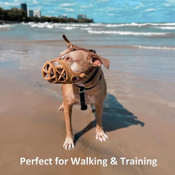 BARKLESS Dog Muzzle, Basket Muzzle for Biting, Chewing and Scavenging, Humane Cage Mouth Cover, Perfect for Grooming and Training Small Aggressive Reactive Dogs (S, Brown)