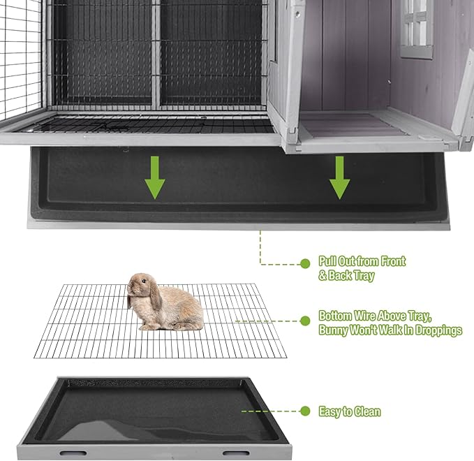GUTINNEEN Rabbit Hutch Bunny Cage with Removable Wire Floor, Indoor/Outdoor Guinea Pig Cages with Leakproof Pull-Out Tray, 4 Lockable Wheels & Run Space