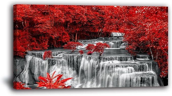 Yxbhhym Large Black and White Decor Waterfall Canvas Wall Art Red Tree Wall Decor Landscape Prints Posters Forest Scenery Paintings for Wall Decoration Bedroom Living Room Décor- Framed Wall Art
