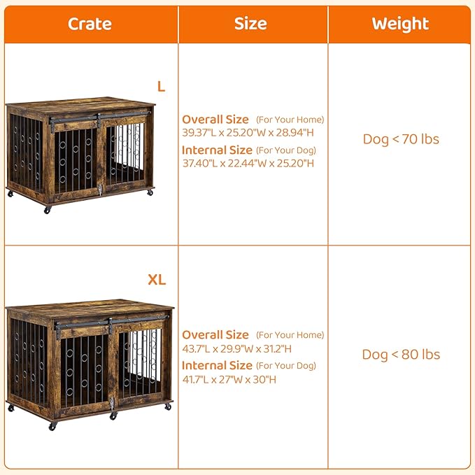 IchbinGo Dog Crate Furniture with Sliding Barn Door, 39" Wooden Dog Kennel End Table with Wheels and Flip-top Plate Dog House with Detachable Divider for Small/Medium/Large Dog (Rustic Brown)