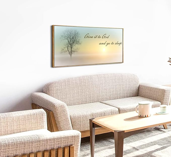 Lasdel Natural Extra Framed Canvas Wall Art of Misty Sunset & Tree Plant Picture For Bedroom Home Above Bed,White Country Wood Sign For Bathroom,Give It To God & Go to Sleep Artwork Decor,30x60