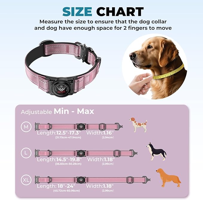 2025 Upgrade Airtag Dog Collar, Reflective Dog Collar with Airtag Holder, IP68 Waterproof| Metal Buckle| Ultra-Durable| Comfortable Padded, GPS Dog Collars for Medium Large Dogs (Pink,L)