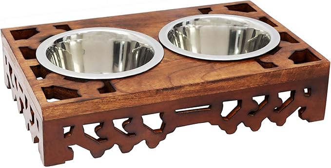 Elevated Pet Feeder for Dogs and Cats - Hand Carved Wood Bones Raised Dog Bowl Stand - Pet Feeding Stand with Two Steel Bowls - Raised Dog Bowl for Food Water - Pet Feeding Station -17x11x4- IRONGATE