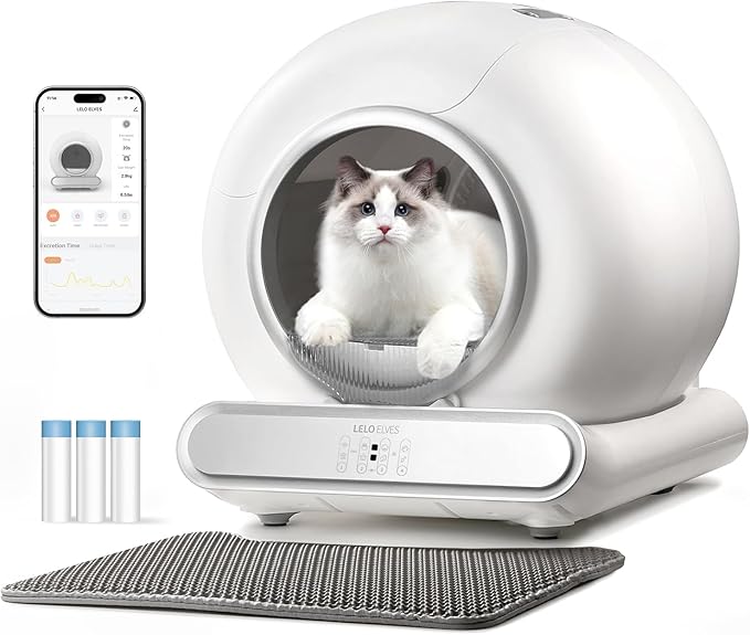 Self Cleaning Cat Litter Box, Ultra-Safe Protection Automatic Cat Litter Box, APP Control/Lower Entry/Large Capacity with 3 Rolls Liners & Mat LELOPETS