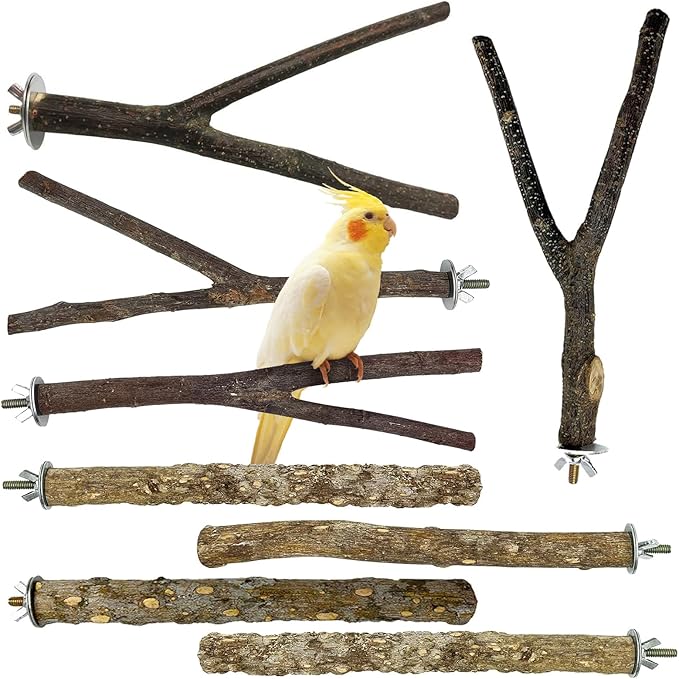 kathson 8 PCS Natural Bird Wood Perch Parakeet Standing Toy Sticks Parrot Paw Grinding Branches Cockatiels Cage Chewable Accessories for Conures Macaws Finches