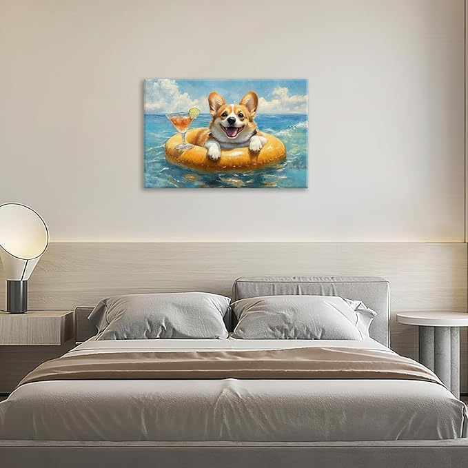 Ocean Funny Corgi Dog Pictures Wall Art, Bathroom Cute Dog Wall Decor Sea Coastal Framed Painting Beach Canvas Artwork for Bathroom Bedroom Living Room Decorations 24"L x 16"W