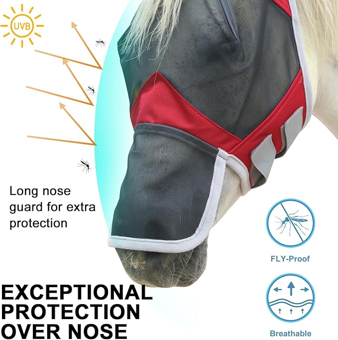 Horse Fly Mask with Ears & Long Nose Cover | Forelock Opening for Tangle-Free Mane Care | UV Protection & Breathable Mesh | No Rub Fit and Enhanced Visbility for Trail Riding Red Full